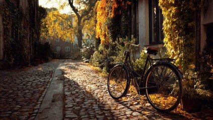 Obraz premium Autumnal cobbled street with vintage bicycle