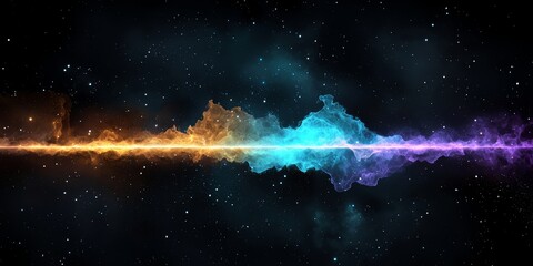 Colorful line of fire in space with stars in the background. The colors are orange, blue, and purple
