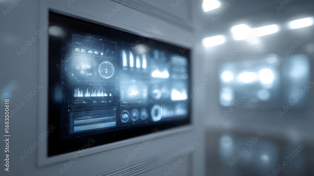 Poster futuristic digital display showcasing dynamic data analytics and interactive charts in a modern smar
