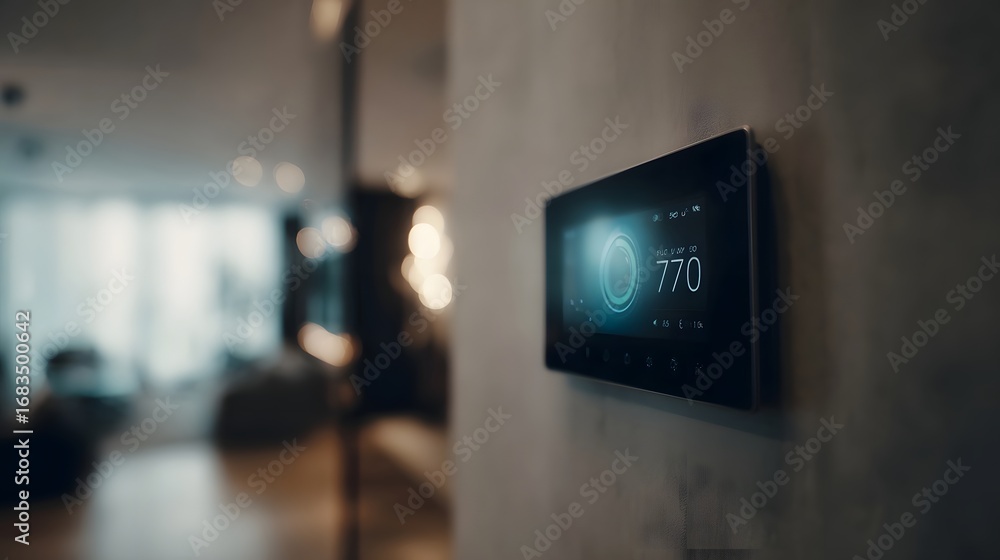 Aufkleber smart home control panel displaying temperature in a modern interior setting highlighting advanced t