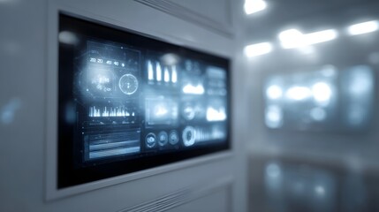 Futuristic digital display showcasing dynamic data analytics and interactive charts in a modern smart environment highlighting advanced technological