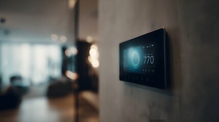 Smart home control panel displaying temperature in a modern interior setting highlighting advanced technological comfort