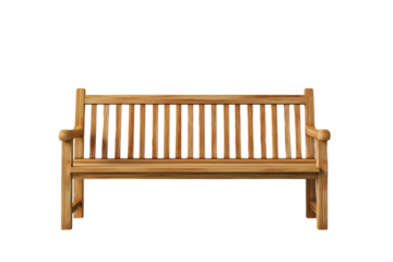 Wooden park bench, light brown hue,  simple design.  Front view,  horizontal slats