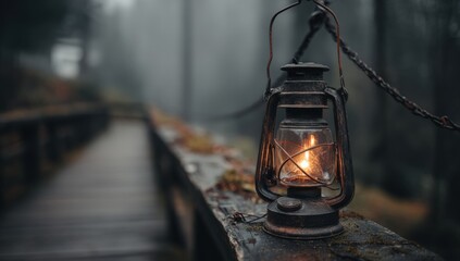 Rustic lantern on a misty wooden bridge