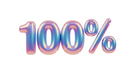 Iridescent 3D numbers 100% with sparkling highlights percent percentage isolated on a transparent background