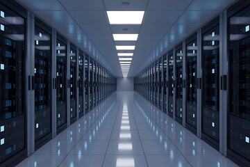 A long brightly lit corridor lined with rows of modern server racks in a secure data center environment