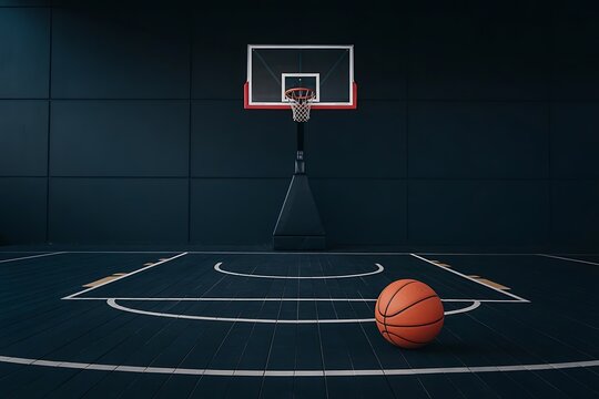 An illuminated basketball rests on a dark court poised near the free throw line beneath a glowing hoop ready for a game