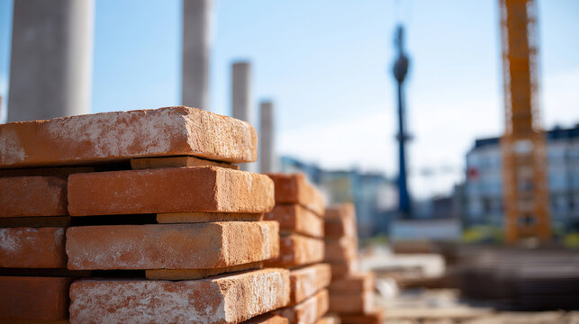 Red Bricks in Organized Stacks Near Foundation Pillars with Mortar Residue Tower Crane Swinging Materials Overhead Blurred Urban Development Background for Construction Scale and