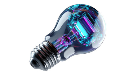 Illuminating Innovation: A high-angle shot presents a translucent lightbulb with an inner circuitry that glows with vibrant colors, symbolizing innovation and ideas. 