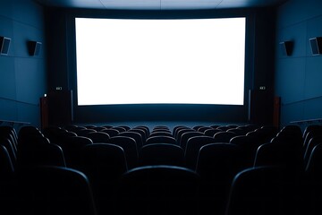 Fototapeta premium An audience sits in a darkened movie theater anticipating a film on a brightly lit blank screen
