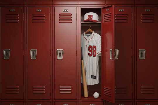 A baseball player s locker is open revealing a uniform cap bat and ball symbolizing dedication and the sport
