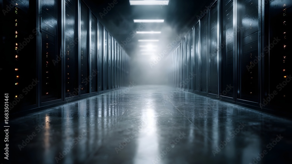 Poster a long futuristic corridor in a modern data center lined with server racks and illuminated by a brig