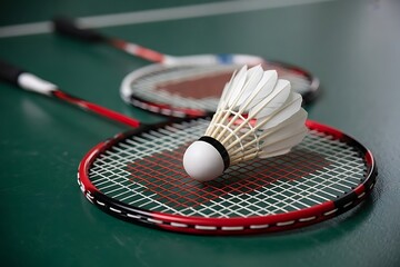 A close up view of a white shuttlecock resting on the strings of a red and black badminton racket on a green surface