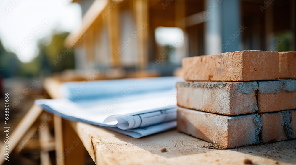 Poster construction site with blueprints resting on brick stack builders assembling house frame with hammer