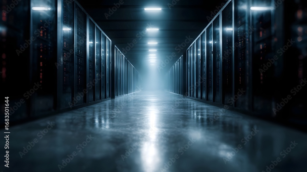 Poster modern data center corridor featuring rows of server racks stretching into the glowing distance symb
