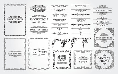 Design elements set, decorative flourish border corner and frame collection for invitation, menu and page decoration