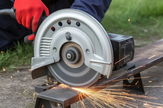 Skilled craftsman wearing protective red gloves precisely cuts metal with a powerful abrasive chop saw creating a shower of bright sparks