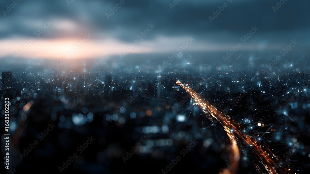 Poster panoramic aerial view of a futuristic smart city network with glowing data streams illuminating the 