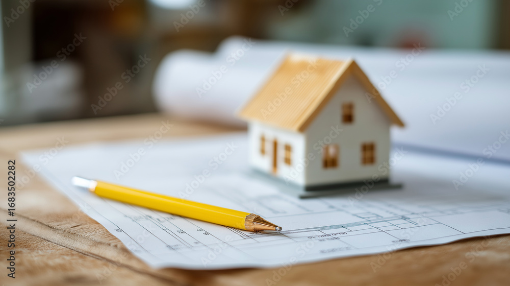 Poster drafting room with architectural plans and tiny model home technical layout featuring dimensions and