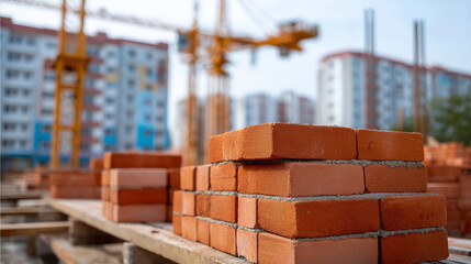 Red Bricks in Organized Stacks Near Foundation Pillars with Mortar Residue Tower Crane Swinging Materials Overhead Blurred Urban Development Background for Construction Scale and