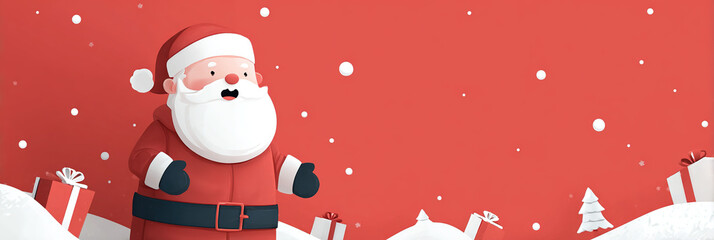 Naklejka premium Cartoon Santa Claus in snowy scene - Red background with falling snow - Winter holiday concept