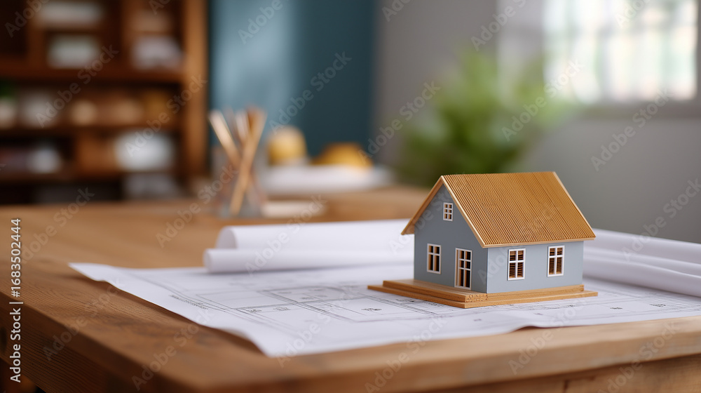 Poster Drafting Room with Architectural Plans and Tiny Model Home Technical Layout Featuring Dimensions and Annotations Highlighting Construction Concept Visualization and Design
