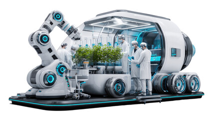 Future of Food: Scientists conduct research in an advanced mobile lab, studying plant growth. The image portrays innovative technology and the future of sustainable agriculture.