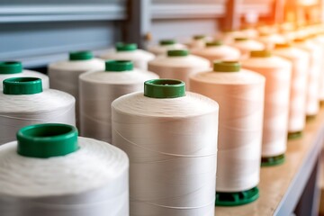 Rows of large spools of white thread with green caps stand in a factory ready for textile production and manufacturing