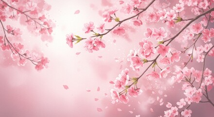 Delicate cherry blossoms gracefully bloom against a soft, pastel pink backdrop, evoking a tranquil and serene spring mood.