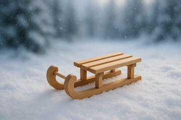 Tra&icirc;neau jouet en bois pos&eacute; sur neige poudreuse &mdash; No&euml;l