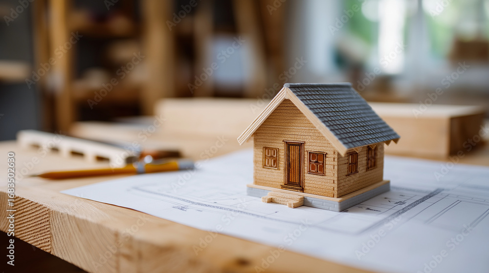 Poster drafting room with architectural plans and tiny model home technical layout featuring dimensions and
