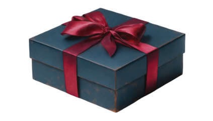 A gift box, dark teal blue, tied with a crimson ribbon bow