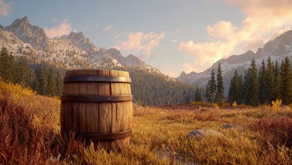 Obraz premium Wooden barrel in a scenic autumnal mountain landscape
