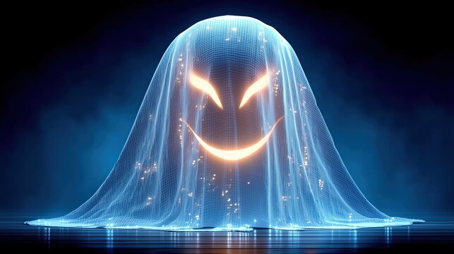 Digital Ghost Phantom with Glowing Face under Wireframe Mesh