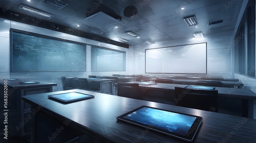Poster modern classroom equipped with digital tablets on desks a large blank screen and chalkboards display