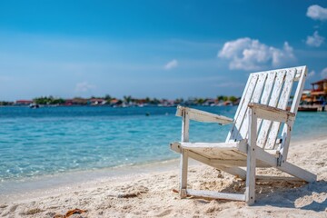 Obraz premium White wooden beach chair on pristine sand