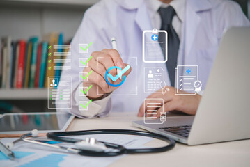 Doctor using digital checklist for patient medical records, symbolizing healthcare management, hospital system, electronic health record, medical documentation, and treatment planning.