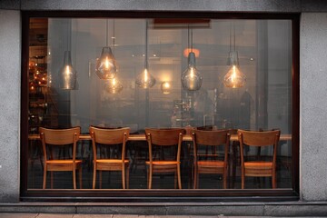 Empty Restaurant Interior at Night, Wooden Chairs and Pendant Lights.