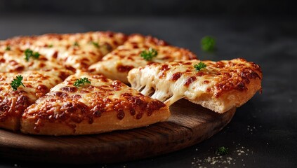 Cheese pizza slices on a wooden board.  Melted cheese