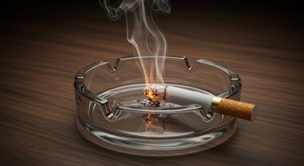 A close-up shot reveals a lit cigarette in a glass ashtray on a wooden surface, smoke curling upwards with ashes falling