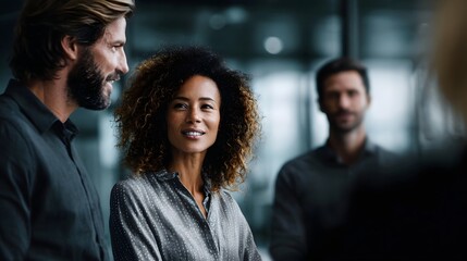 Professional colleagues engage in a dynamic business meeting discussing strategy and fostering teamwork in a modern office environment