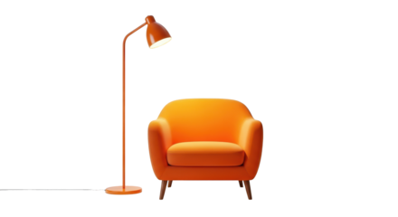 Orange armchair and floor lamp furniture interior isolated on a transparent background