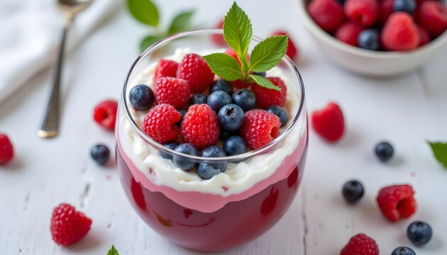 A light, refreshing dessert of fresh raspberries and blueberries layered with creamy yogurt and garnished with fresh mint leaves