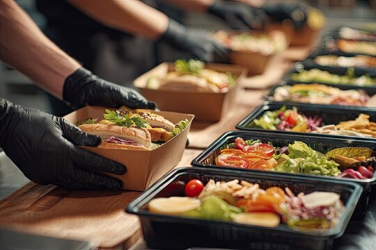 Catering service staff preparing fresh healthy takeaway meals for delivery.