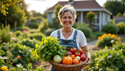 The mature woman is beaming with joy as she stands in her vegetable garden, holding a basket filled with vibrant, freshly picked vegetables