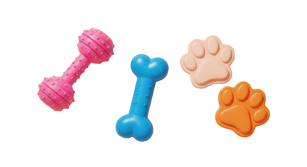 Pink and Blue Dog Toys and Paw Prints pet accessories chew toys isolated on a transparent background