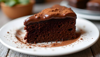 A decadent slice of moist chocolate cake topped with a rich ganache frosting, served on a white plate with a dusting of cocoa powder.