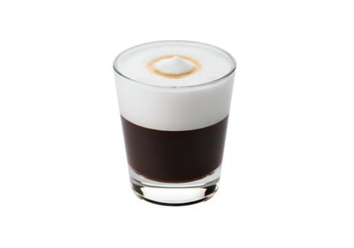 A layered coffee drink, presented in a clear glass, showcases a rich dark coffee base and a layer of frothy, white crema.