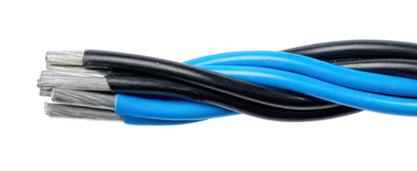 Twisted electrical cable with black and blue insulation, featuring multiple aluminum cores
