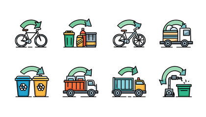 Waste management cycle icon set with recycling bins Isolated on a transparent background